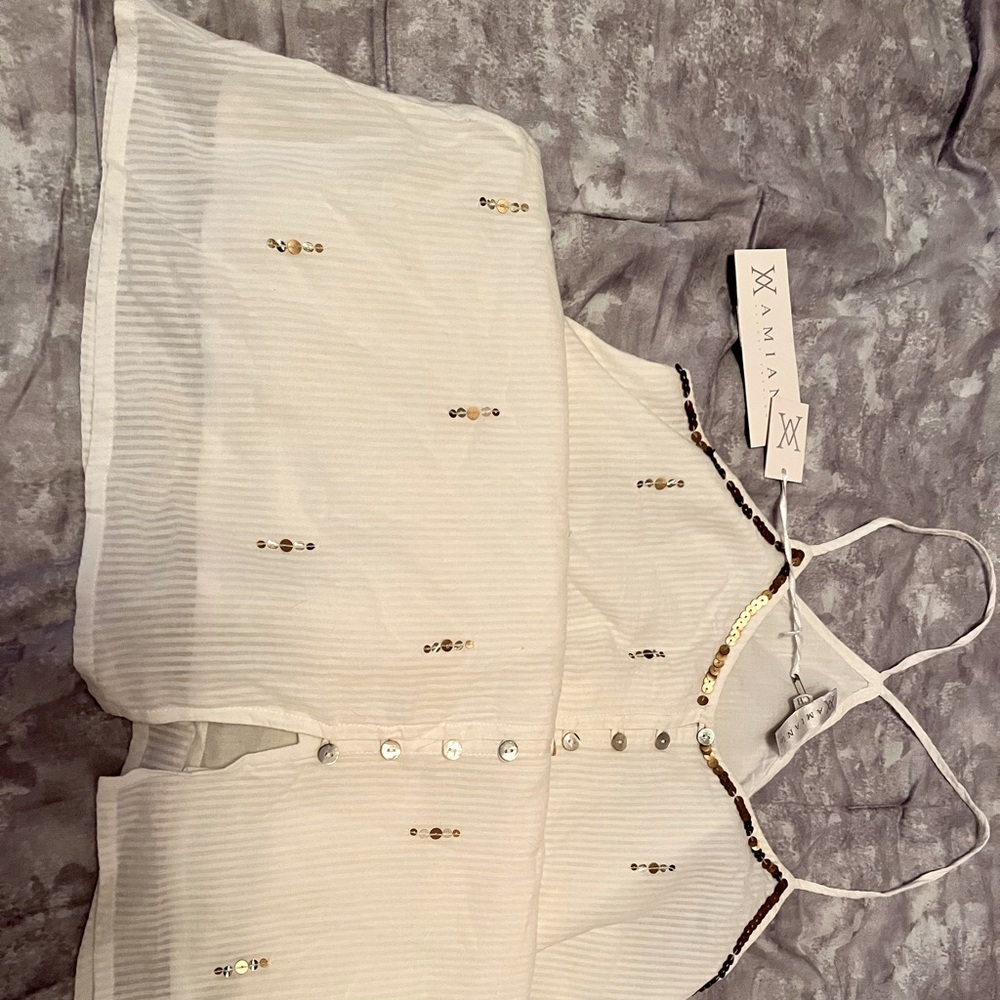New with tags - Small, white with gold sequence beach cover up tunic.